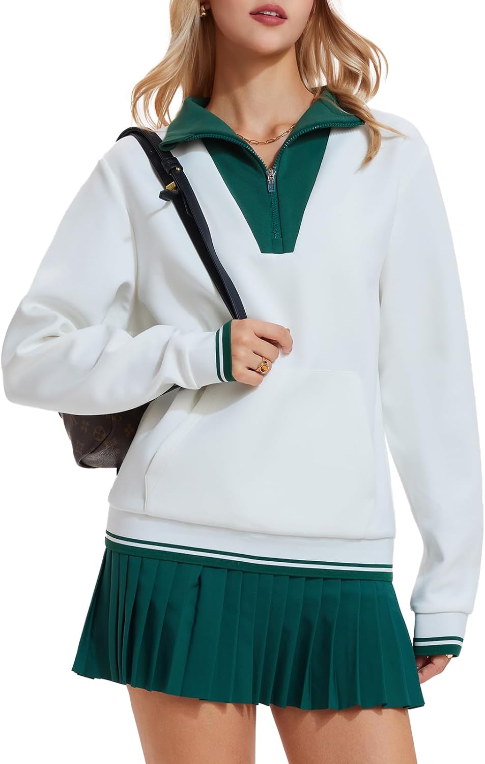 Airfree Womens 2 Piece Set Lapel Half Zip Sweatshirts High Waisted Pleated Tennis Skirt Sets Casual Sweatsuits Sporty Outfit
