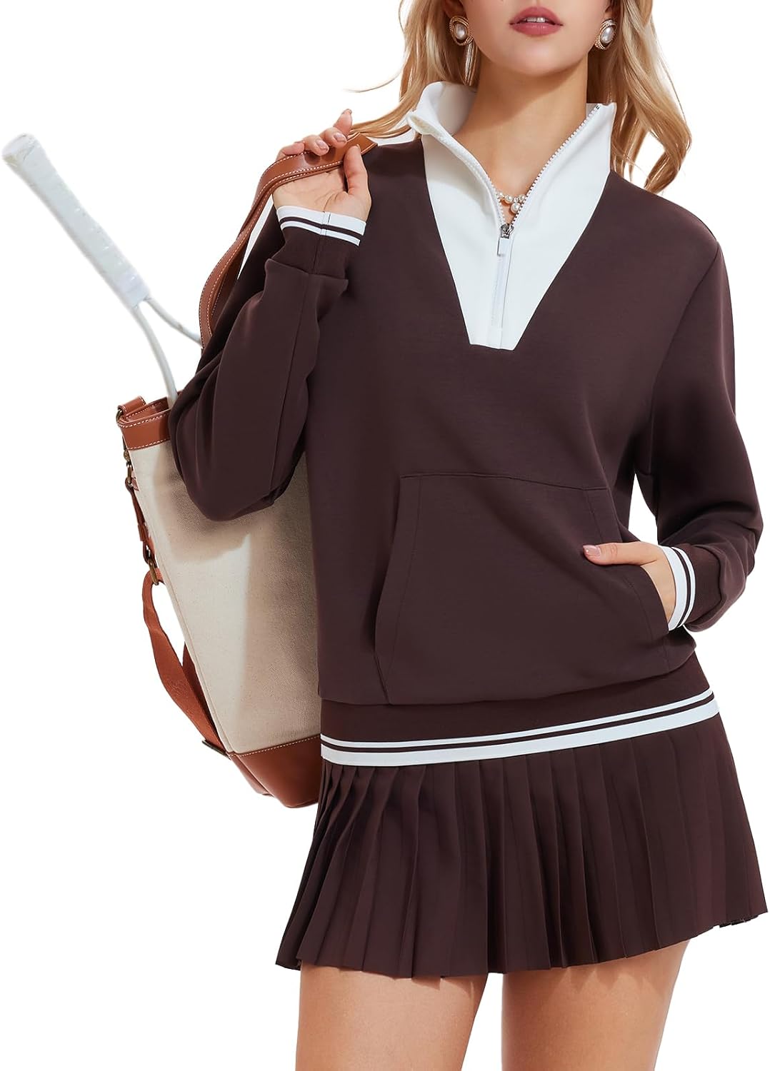 Airfree Womens 2 Piece Set Lapel Half Zip Sweatshirts High Waisted Pleated Tennis Skirt Sets Casual Sweatsuits Sporty Outfit