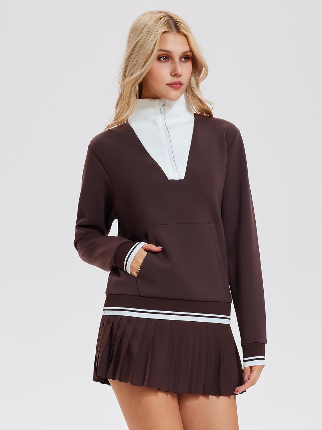 Airfree Womens 2 Piece Set Lapel Half Zip Sweatshirts High Waisted Pleated Tennis Skirt Sets Casual Sweatsuits Sporty Outfit