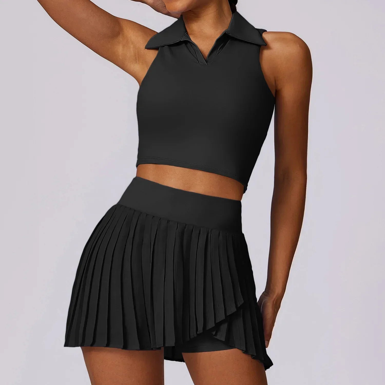 Turn Down Collar Sleeveless Set