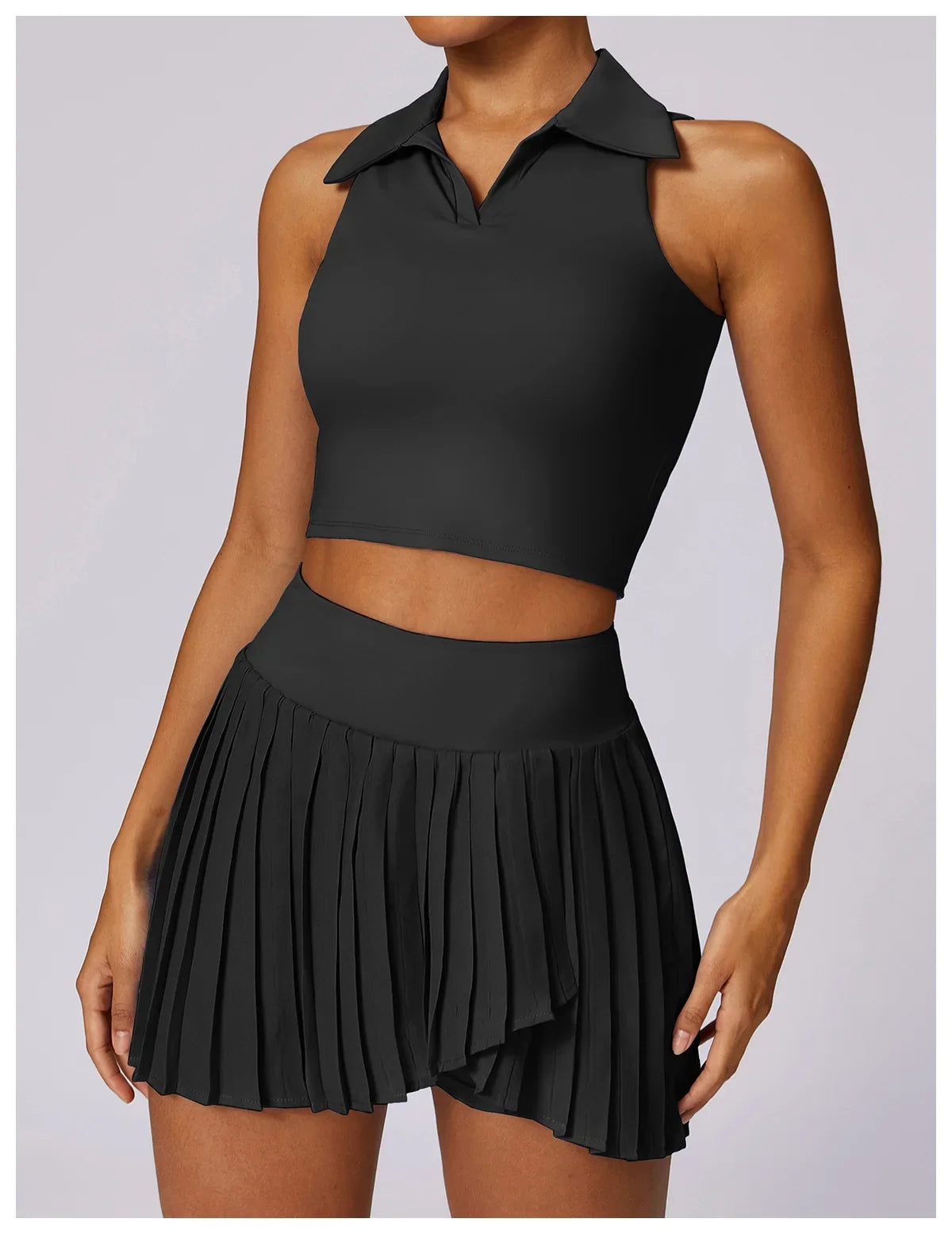 Turn Down Collar Sleeveless Set