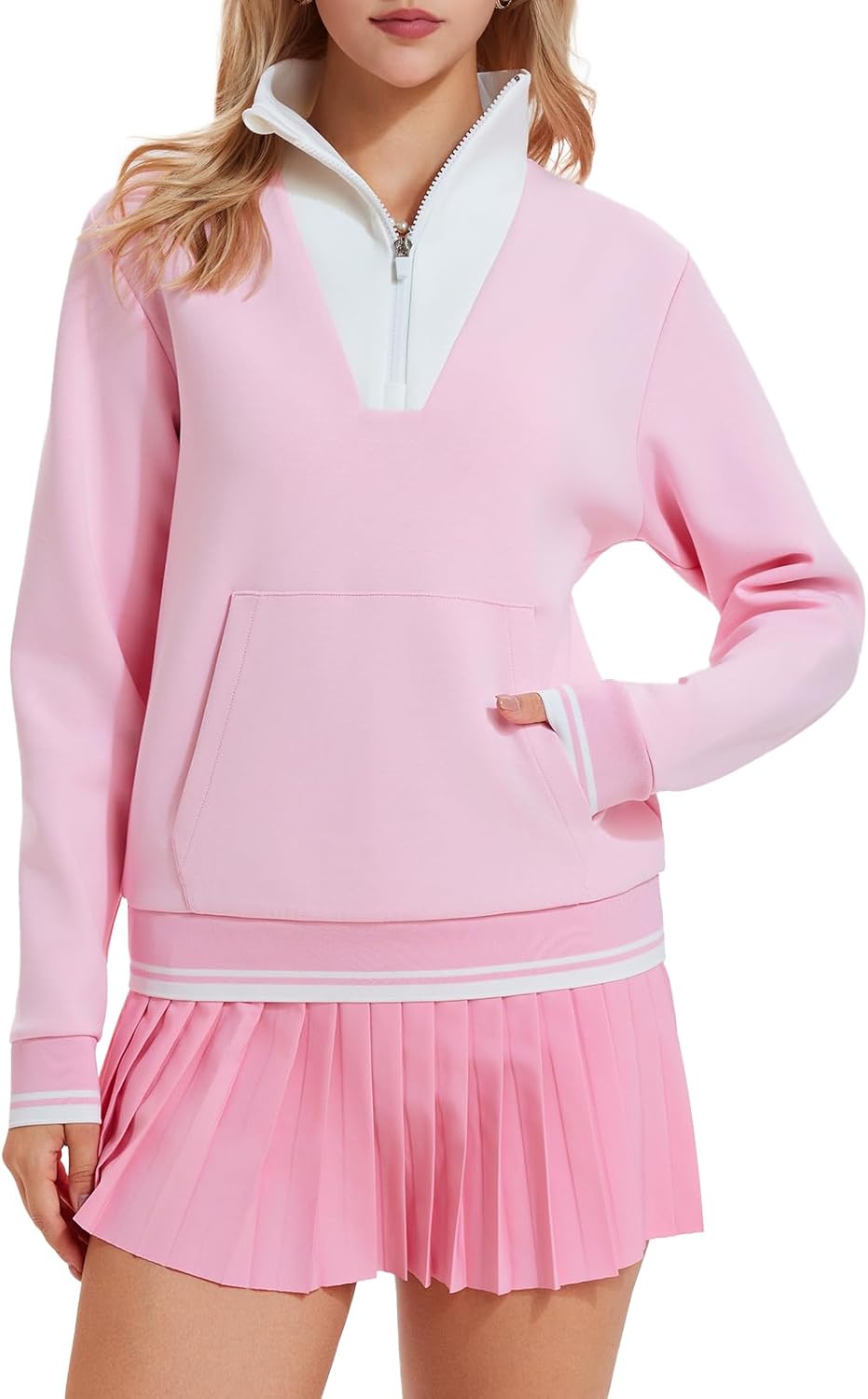 Airfree Womens 2 Piece Set Lapel Half Zip Sweatshirts High Waisted Pleated Tennis Skirt Sets Casual Sweatsuits Sporty Outfit