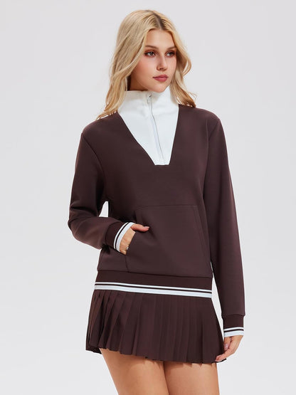 Airfree Womens 2 Piece Set Lapel Half Zip Sweatshirts High Waisted Pleated Tennis Skirt Sets Casual Sweatsuits Sporty Outfit