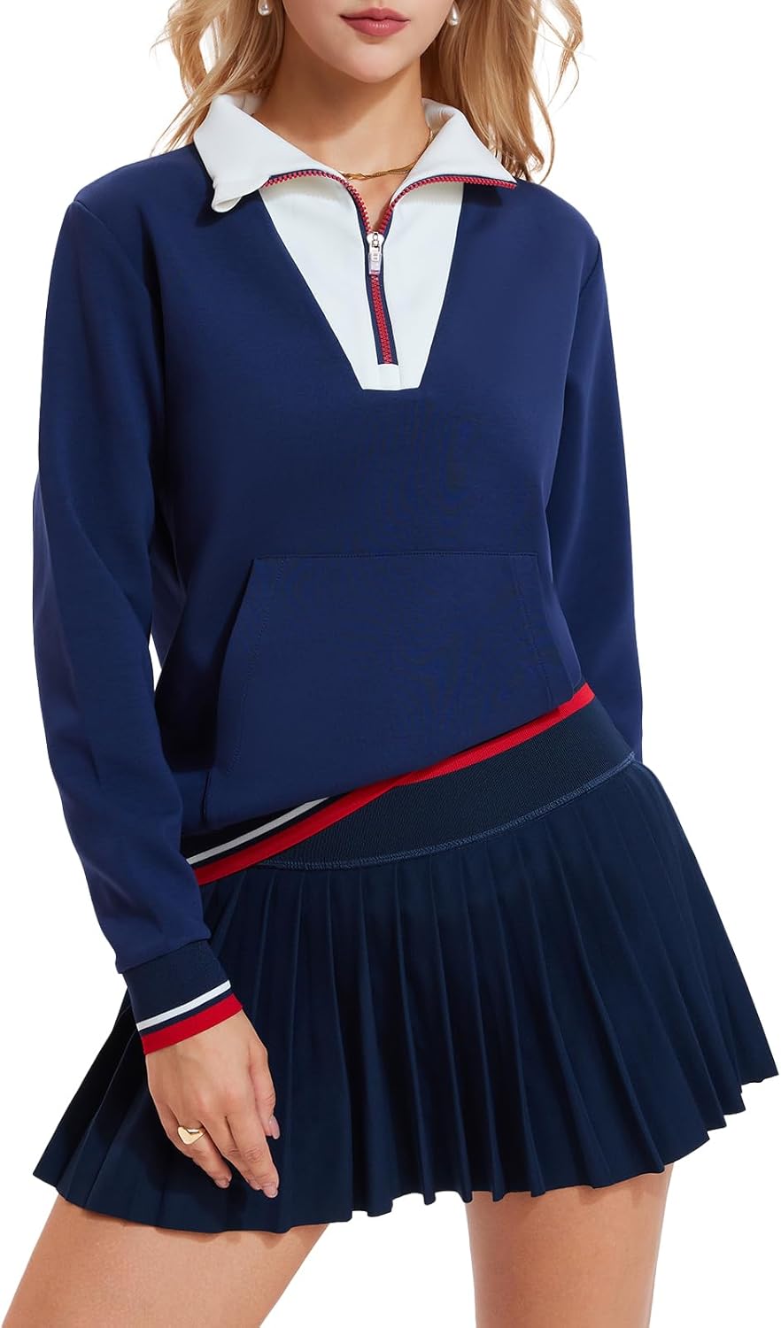 Airfree Womens 2 Piece Set Lapel Half Zip Sweatshirts High Waisted Pleated Tennis Skirt Sets Casual Sweatsuits Sporty Outfit