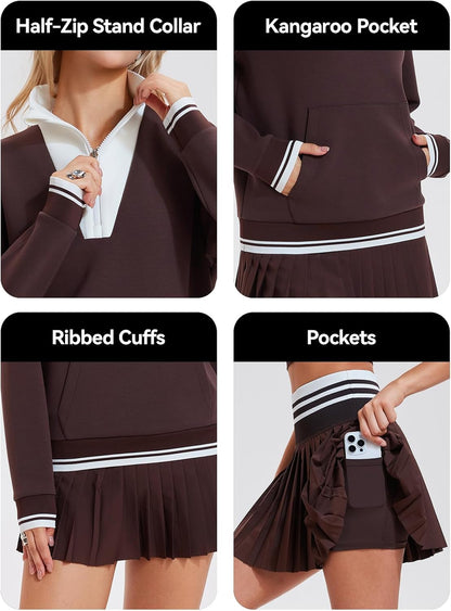 Airfree Womens 2 Piece Set Lapel Half Zip Sweatshirts High Waisted Pleated Tennis Skirt Sets Casual Sweatsuits Sporty Outfit