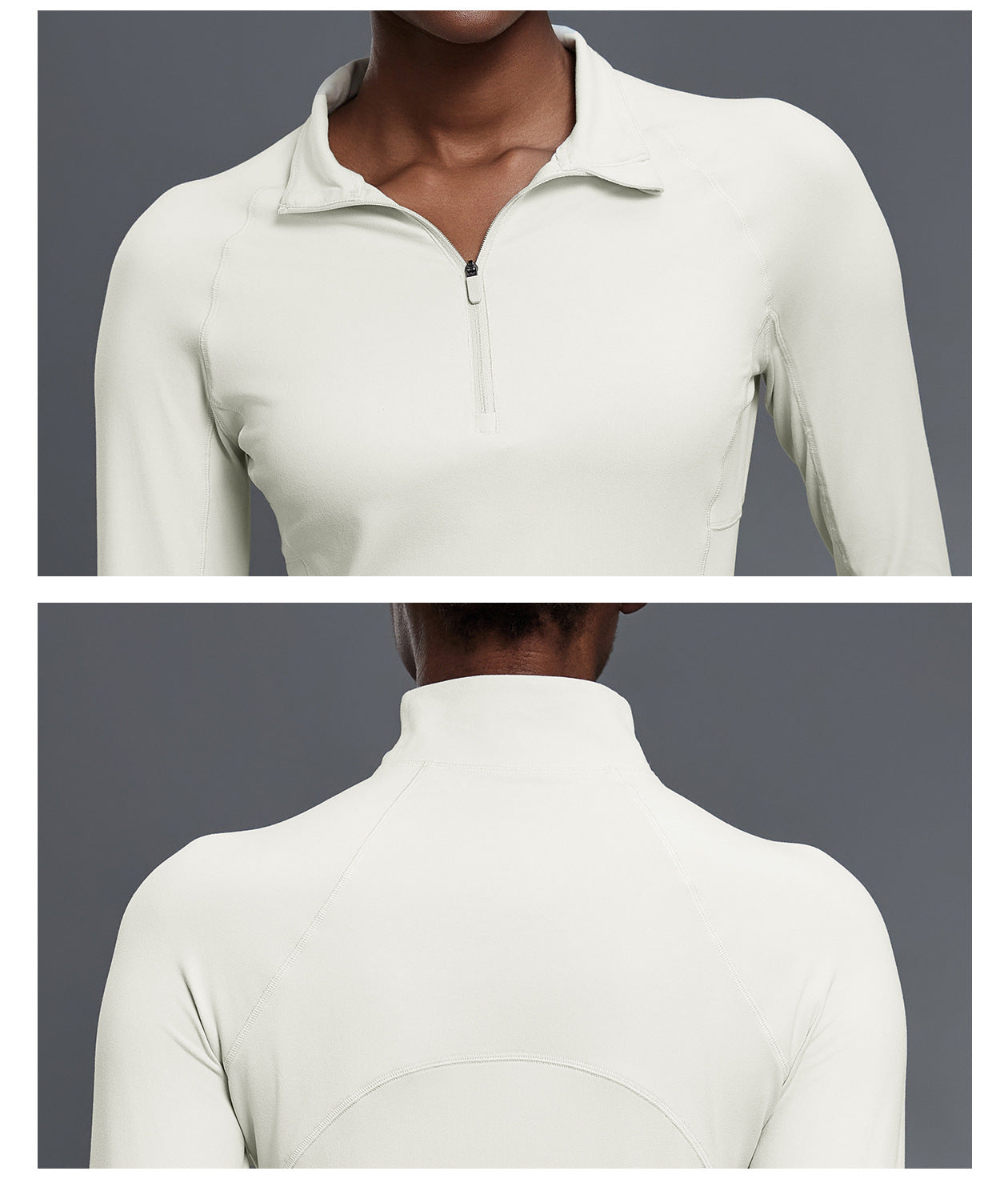 Close-ups of the white quarter-zip pullover: the stand collar unzipped at the front and raglan seams at the back